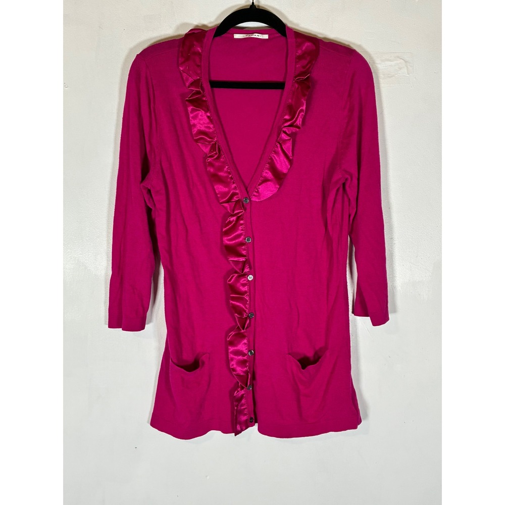 Tahari Pink Satin Ruffle Cardigan Women's Medium 3/4 Sleeve Lightweight
